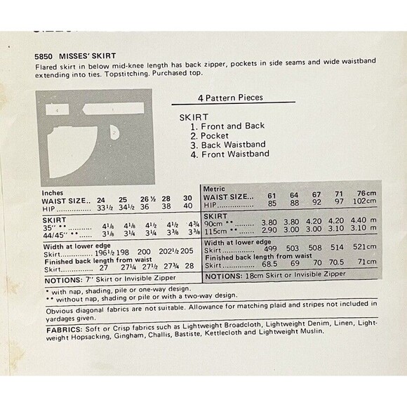UNCUT New Vintage 70s See & Sew Butterick Sewing Pattern 5850‎ High waist Skirt - Picture 4 of 4